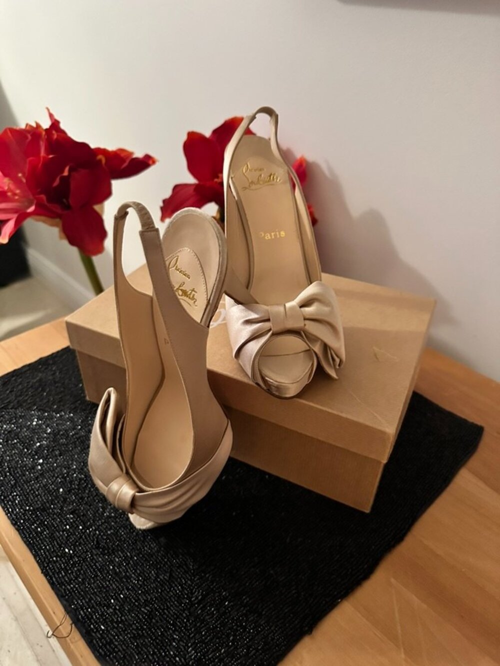 Christian Louboutin Nude Satin Bow Slingback Heels / Red Heels/ Size 39